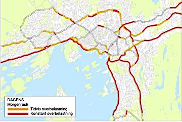typisk hverdag i Oslo og omegn. Det denne figuren illustrerer er hvor ofte vegnettet i og rundt Oslo er overbelastet i løpet av morgenrushet.