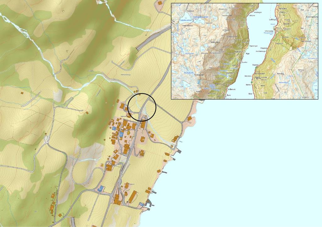 KAPITTEL 1 OMRÅDESKILDRING 1.1. Plassering Brua går over Storbekken like nord for Agatunet på gbnr. 64/1 i Ullensvang herad. (Figur 1). Figur 1: Brua ligg like nord for Agatunet i Ullensvang herad.