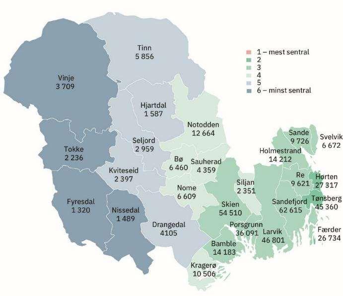 Anbefalinger til fase 2 20 Figur 4: Foreslått lokalisering av nettverkssekretariatet i Vest-Telemark, Skien og Tønsberg. Den nye regionen med folketall for kommunene (SSB-tall, 01.