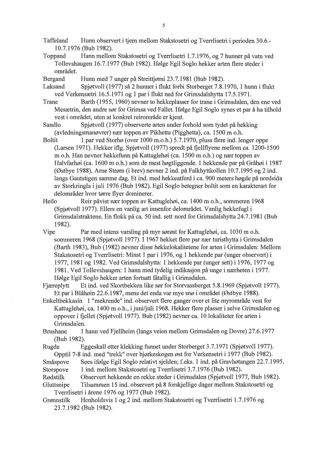 5 Taffeland Hunn observert i tjern mellom Stakstosetri og Tverrlisetri i perioden 30.6.- 10.7.1976 (Bub 1982). Toppand Hann mellom Stakstosetri og Tverrlisetri 1.7.1976, og 7 hunner på vatn ved Tollevshaugen 16.
