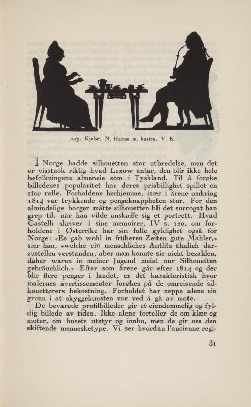 2^9- Kjøbm. N. Hamm m. hustru. V. K 1 Norge hadde silhouetten stor utbredelse, men det er visstnok riktig hvad Lexow antar, den blir ikke hele befolkningens almeneie som i Tyskland.