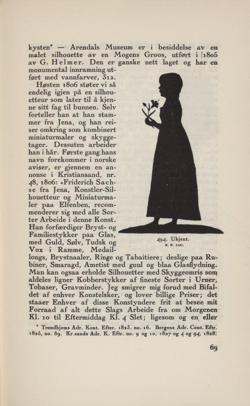 kysten* Arendals Museum er i besiddelse av en malet silhouette av en Mogens Groos, utført i [ißos av G. Helmer. Den er ganske nett laget og har en monumental innramning ut ført med vannfarver, 3i2.