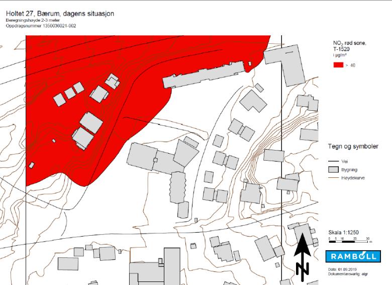 Gul sone tilsvarer overskridelse av grensen på 40 μg/m3 vintermiddel.