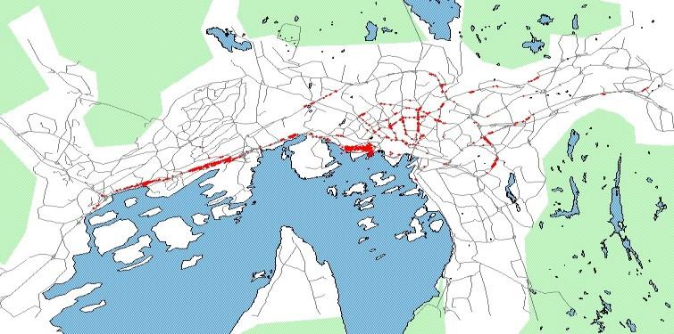 men med noe færre eksponerte bygninger. PM 10, døgnmiddel, dagens situasjon, 2009 PM 10, døgnmiddel, 2015, uten tiltak.