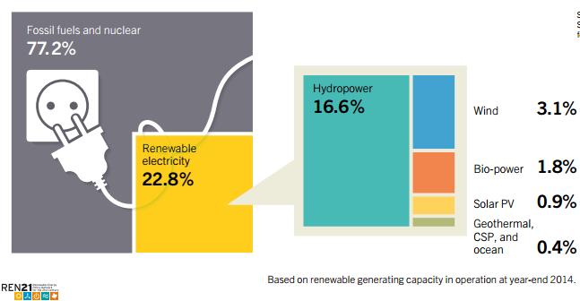 % av den totale etterspørselen 80. Fra 2013 til 2014 økte den totale andelen fornybar energi i den globale elektrisitetsproduksjonen fra 19.1 % til 22.8 %.