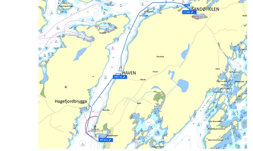 Vedlegg 3 Rutebeskrivelse 2. BESKRIVELSE AV RUTENE 2.1 Sandøyruta Ruten går mellom Hagefjordbrygga, Sandøykilen, Haven og Hauketangen. Se kart for anløpssteder som legges til grunn for ruten.