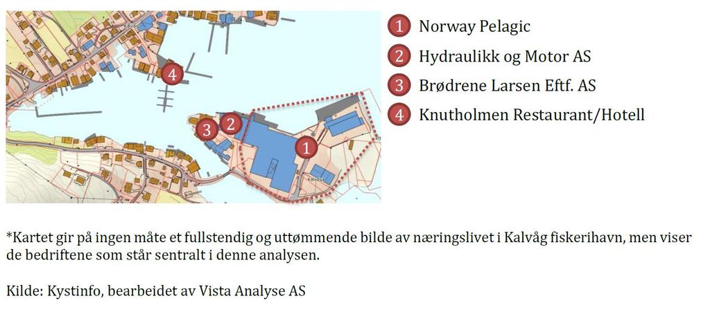 Rapport Forprosjekt Kalvåg fiskerihavn Side 7 av 67 Interessenter/brukere av farleden og havna Kort beskrivelse av de viktigste virksomhetene som kan tenkes å bli påvirket av tiltaket: Kartet