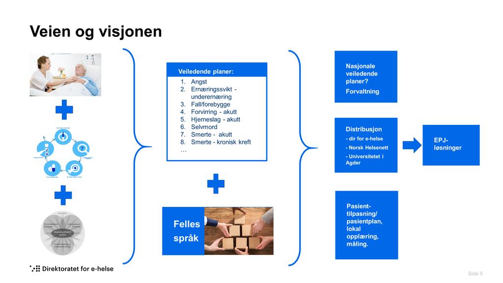 Etter en evaluering av det gode grunnlaget på veiledende planer og begrepsapparat med ICNP og mapping til SNOMED CT, har Helseplattformen i Midt-Norge lagt dette som en føring og prioritet i sitt