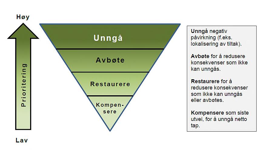 Tiltakshierarkiet For å unngå negativ påvirkning på de ulike miljøtemaene ved utbyggingsprosjektet, følges tiltakshierarkiet som vist i Figur 19. Negativ påvirkning skal ideelt sett unngås.