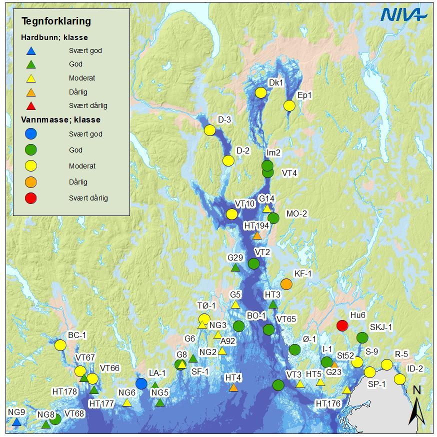 Figur 1. Marine overvåkningsstasjoner i Oslofjorden som er undersøkt i 2019 og klassifisert etter Veileder 02:2018. Klassifisering av vannmassene er merket med sirkler og hardbunn med trekanter.