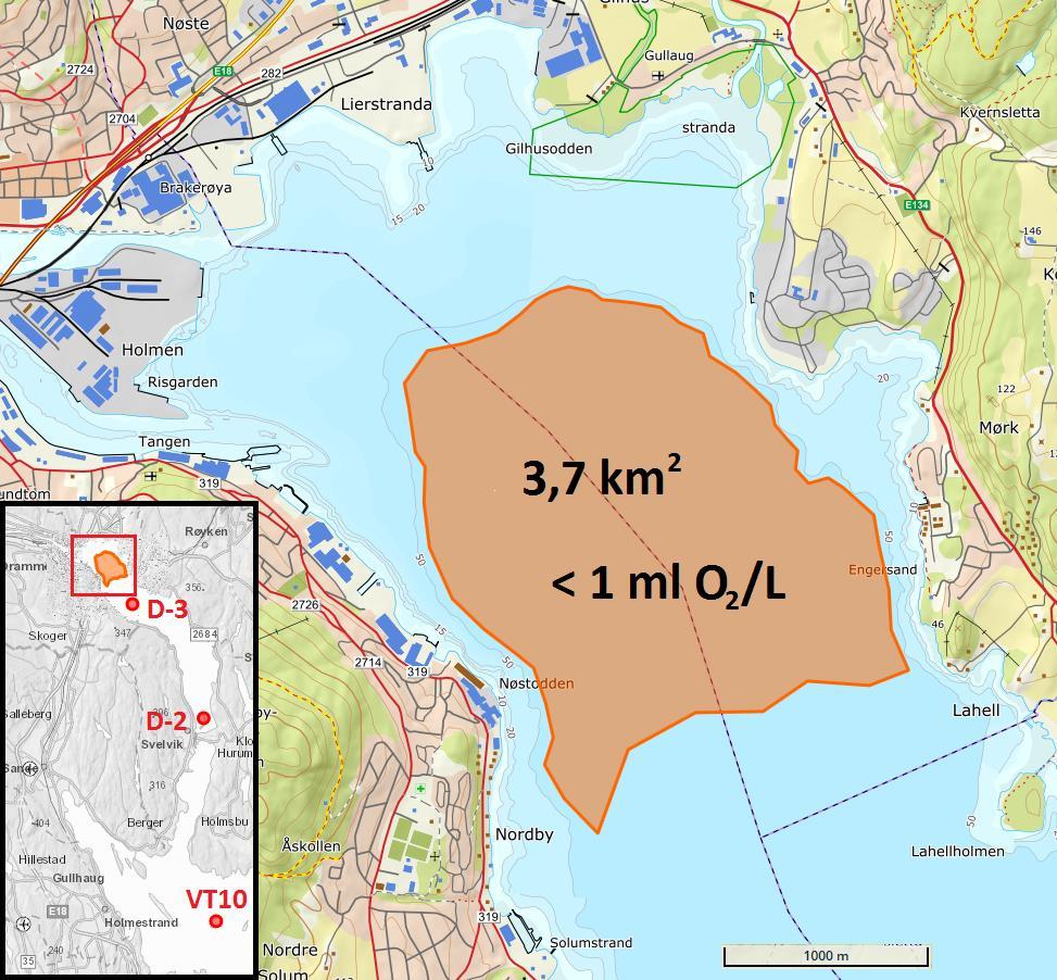 Innenfor stasjon D-3 og inn mot Drammenselvas utløp har det mest sannsynlig vært lave oksygenforhold i dybdeintervallet 55-75 m fra juni til september.