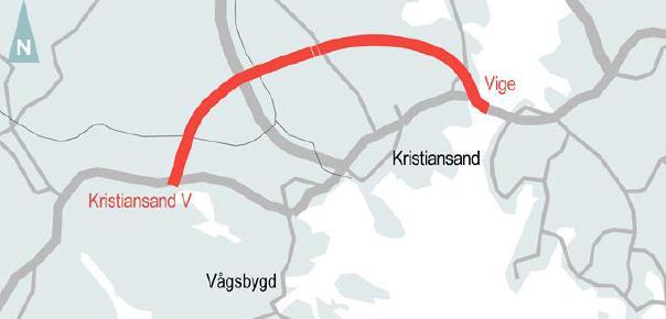 Nye Veier planlegger å bygge en ytre ringveg nord for Kristiansand dimensjonert for 110 km/t i ny trasé. Selskapet har foreløpig ikke prioritert utbygging av prosjektet.