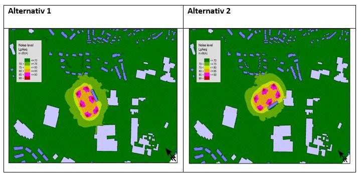 De to alternativene vurderes til å være relativt like når det gjelder støykonsekvenser for nabobebyggelsen. Alternativ 1 gir noe lavere resultater.