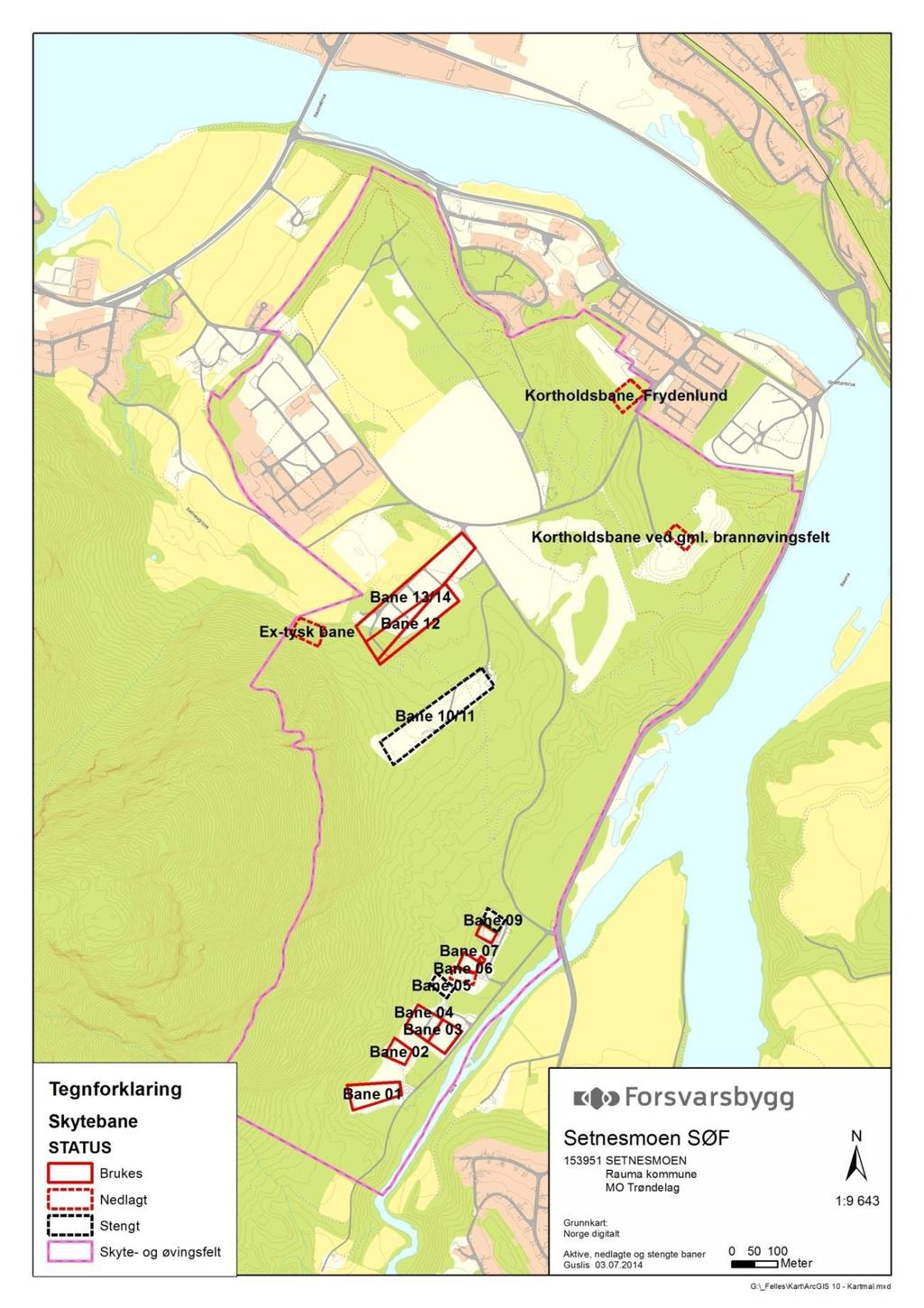 Figur 13 Oversikt over aktive og nedlagte skytebaner, samt