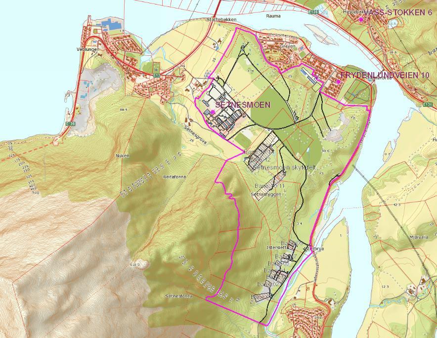 Figur 1 Setnesmoen skyte- og øvingsfelt inkludert Setnesmoen leir. Brune felt indikerer skytebaner, standplasser og målområder. 2.