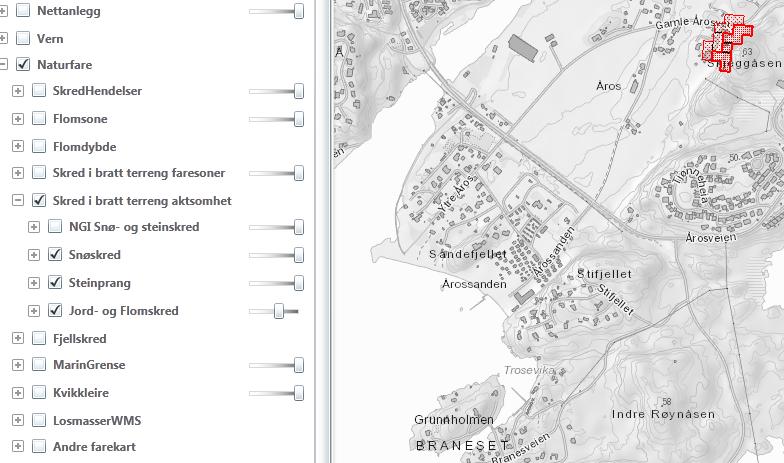 Rasfare I h.h.t. NVE Atlas sitt skredatlas, er det ikke registrert fare for snøskred, steinsprang eller jord/steinskred. Figur 21, kartutsnitt skredatlas fra NVE.