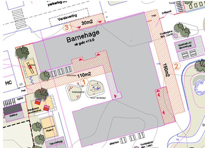 - Fra port og inn til småbarn: 110 m² - Fra port og inn til flex/storbarn/vare-levering: 150 m² - Utenfor vognbod: 30 m² De tre feltene prises hver for seg.