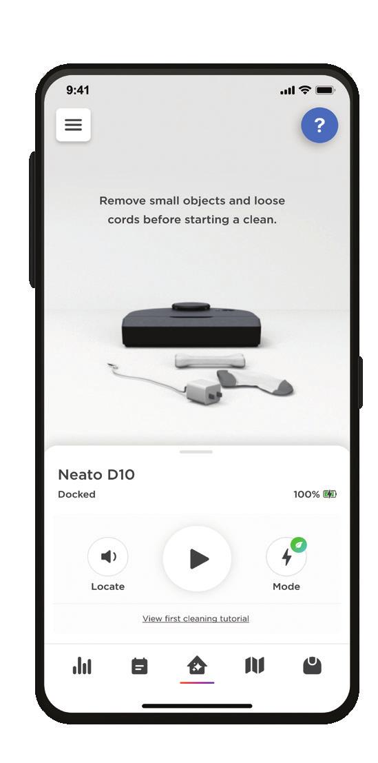 Rengjøring med MyNeato-appen Bruk av MyNeato-appen til rengjøring Neato rengjør hele planløsningen i en etasje og beveger seg automatisk fra rom til rom.