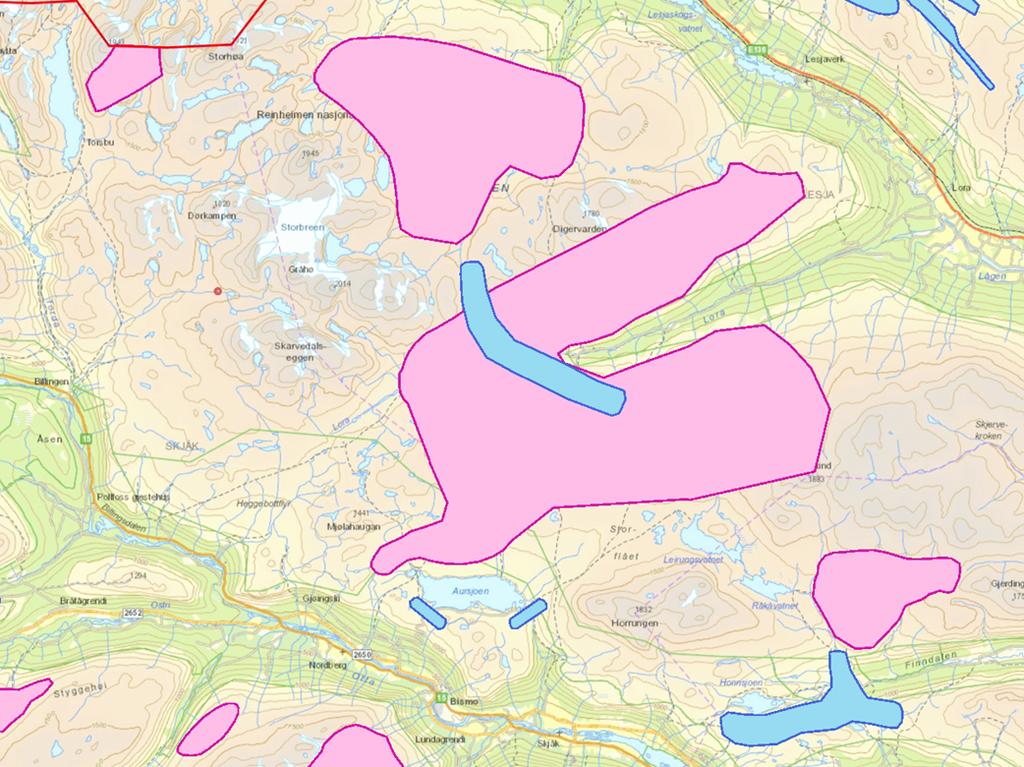 trekkområdet vist ved blå felt, og kalvingsområde som rosa felt. Skarvedalshytta er markert med raud sirkel.