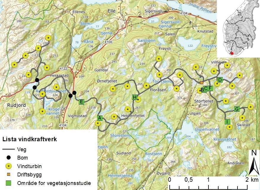 Metodar Studieområde Lista vindkraftverk ligg i Farsund kommune i Agder fylke, heilt sør i Noreg.