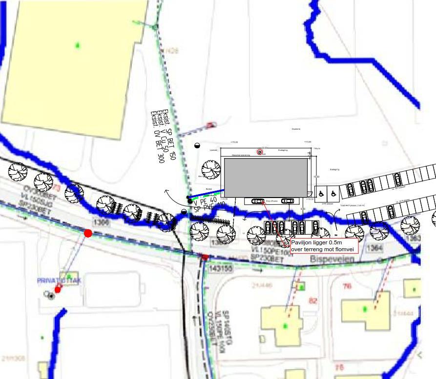 Trinn 3: Flomkart Bærum kommune og ScalgoLive, se figur 7 og 8 viser teoretiske flomveier/dreneringslinjer på overflaten og områder utsatt for vannansamling ved kraftig nedbør.