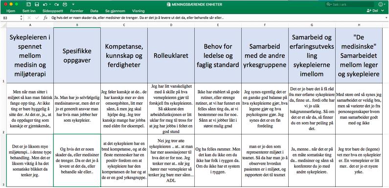 Figur 2: Viser kodegruppene basert på de foreløpige temaene fra trinn 1 satt opp i Excel, med eksempler på meningsbærende enheter for