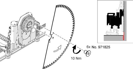 3.6.3 Feste sagblad for glattskjæring FARE Død eller alvorlig personskade kan forårsakes av et sagblad som løsner! _ Fest alltid diamantsagbladet ved å bruke 6 originale TYROLIT forsenkede skruer.