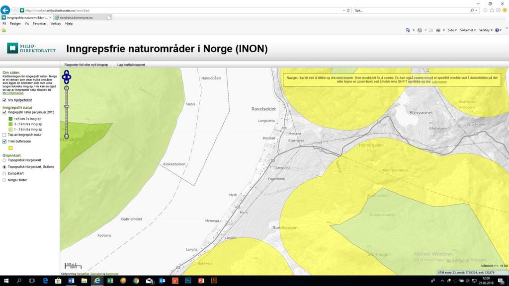 Utsnitt av Miljødirektoratets kart over inngrepsfrie områder i Norge pr 21.02.2018 Sommeren 2009 ble det gjennomført ei kartlegging av verdifulle naturtyper i Nordreisa (Ecofact rapport: 15-2010).