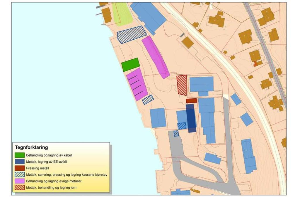 Figur 1: Kart over anleggsområdet til Norsk Gjenvinning Metall avd. Arna viser kvar aktivitetane knytt til løyvet går føre seg. Verksemda er godkjent av Statsforvaltaren til å skrive ut vrakmelding.