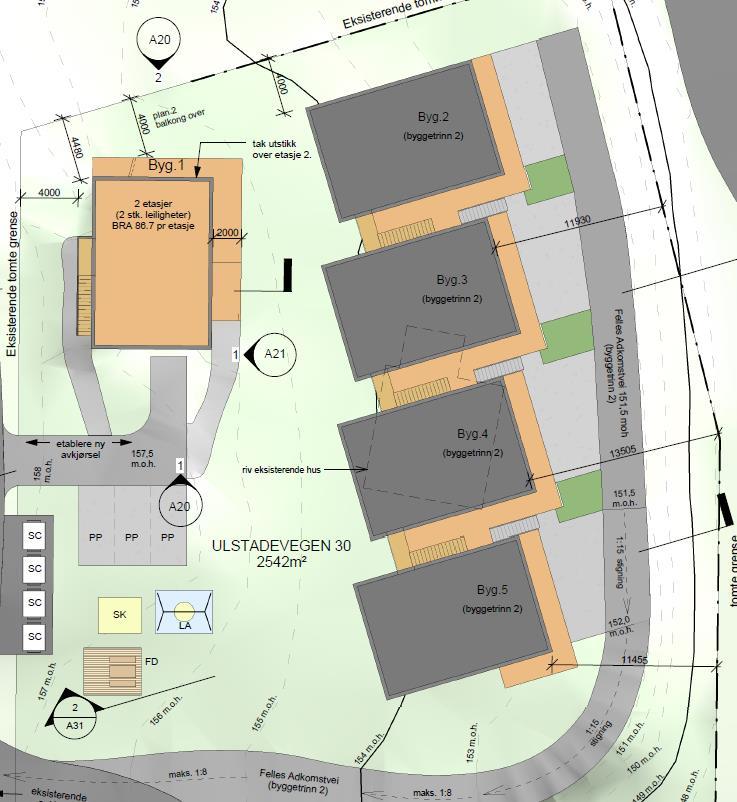 Figur 1-2 Reguleringsplan for utbyggingsområdet Det er planlagt 5 leilighetsbygg, med 2 leiligheter pr. bygg.