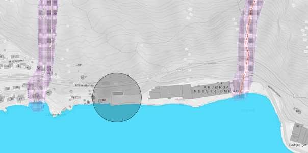 Figur 5-5: Aktsomhetsområder for flom (lilla) og områder som kan bli usatt for havnivåstigning/stormflo (blå). Planområdet inngår i sirkelen (kilde: NVE).