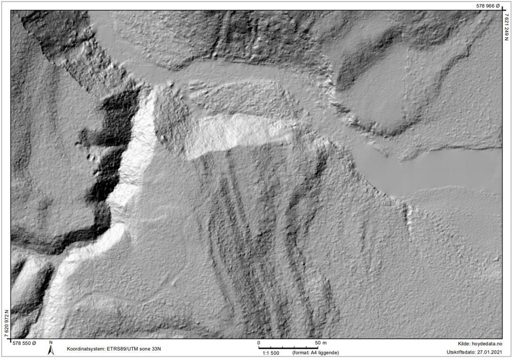 4.1.3 Utløpet av Rensåvatnet Figur 19:Skyggerelieff som viser utløpet til Rensåvatnet (Kartverket, 2021). På figuren kan man se terrasser og strandlinjer 44, 42, 38, 34, 32, 27 og 20 moh.