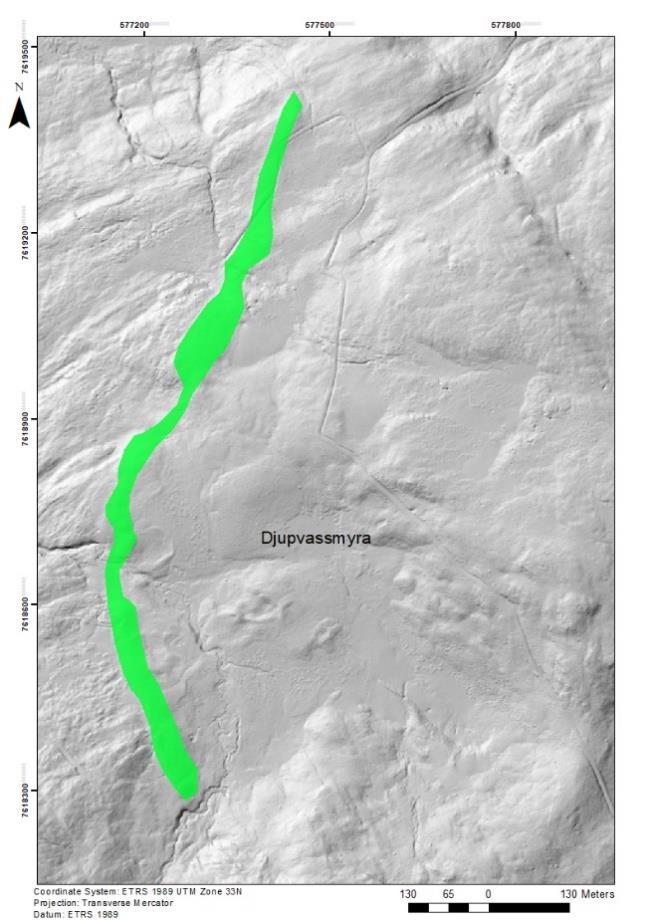 4.1.3.2 Endemorene, Djupvassmyra: 68.67428 N 16.90706 Ø a b Figur 23: a; skyggerelieff som viser randmorenen ved Djupvassmyra. b; åpent snitt som viser sedimentene som utgjør randmorenen.