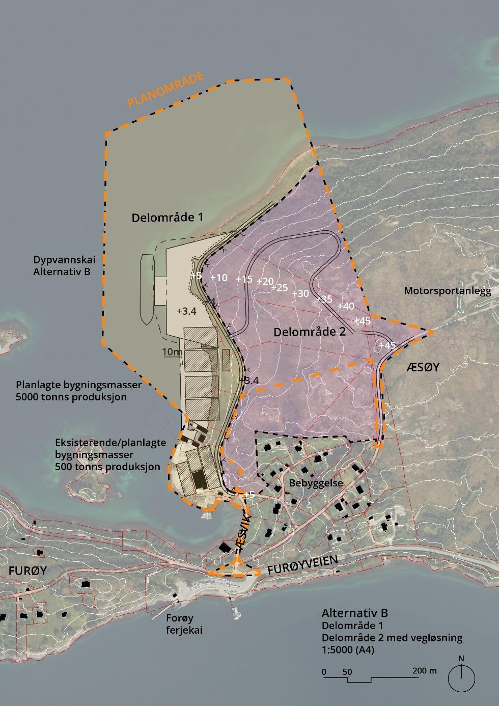 Figur 18 Delområde 1, alternativ B med dypvannskai anlagt i forlengelsen av Galtneset,