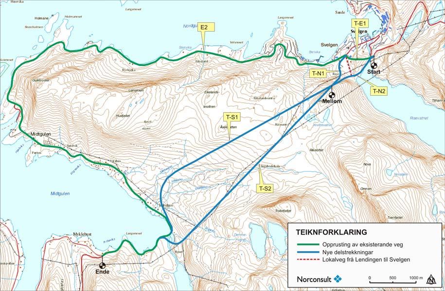 3 ALTERNATIVE DELSTREKNINGAR Alternativa er delt mellom to korridorar: - Korridor langs eksisterande veg - Korridor med tunnel mellom Svelgen og Indrehus delt opp i dellenker sør og nord Val av