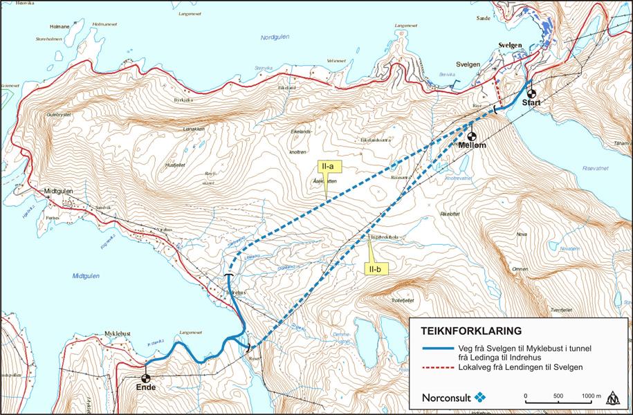 Figur 5.2: Ny veg frå Svelgen til Myklebust i tunnel frå Lendingen. Frå høvesvis Indrehus (II-a) og Indrehusvaulen (II-b) følgje vegen eksisterande veg til kryss Myklebust.