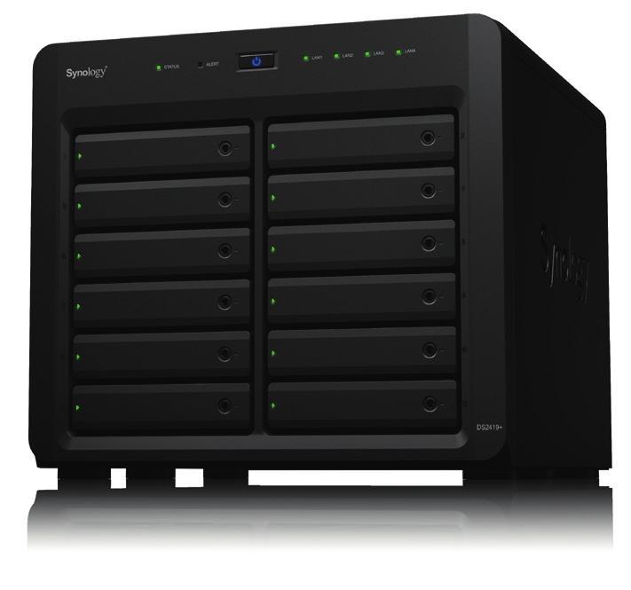 DS2419+ er utstyrt med en prosessor med fire kjerner og 4 GB DDR4-minne (opptil 32 GB)1. Den støtter lagringsplass på opptil 336TB ved tilkobling av én utvidelsesenhet av typen Synology DX12152.