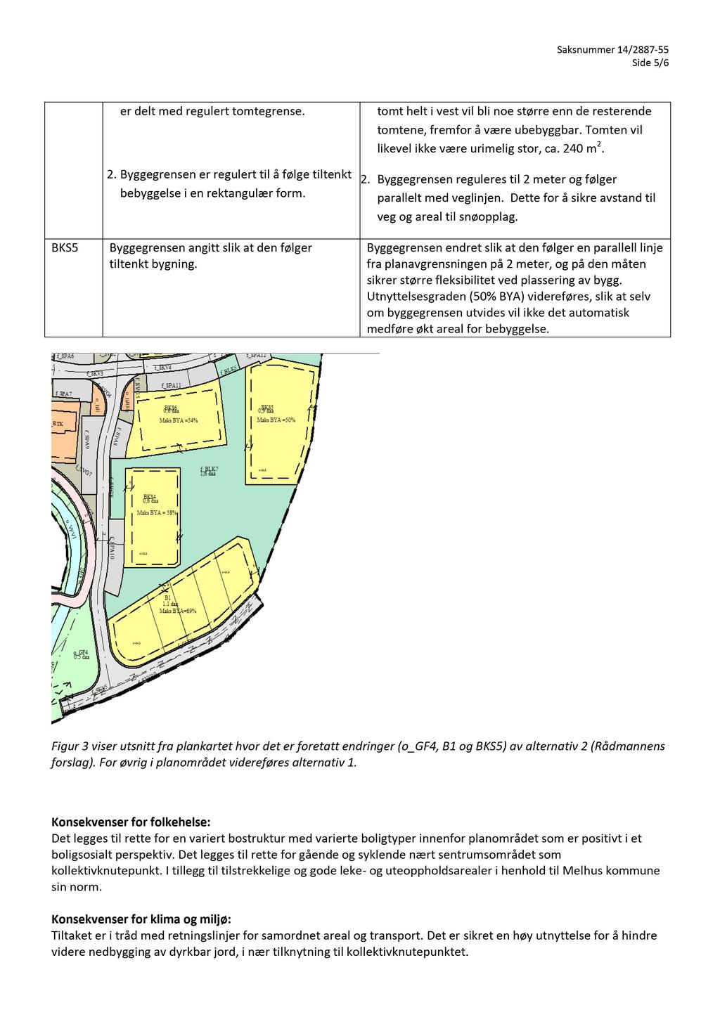 Side 5 / 6 BKS5 er delt med regulert tomtegrense. 2. Byggegrensen er regulert til å følge tiltenkt bebyggelse i en rektangulær form. Byggegrensen angitt slik at den følger tiltenkt bygning.