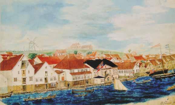 Denne akvarellen av Mons Gabriel Monsen fra 1857, ble malt året før Gabriel Jonasen solgte seg flotte hus ved Vågen til Stavanger kommune.