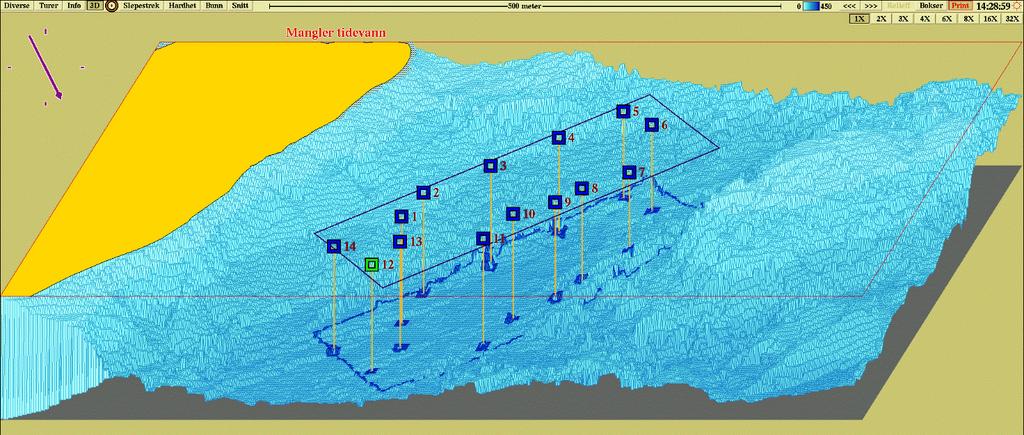 på 60 meters dyp (spredningsdyp), og gult kryss markerer posisjon for strømmålingene i 2019 (66 38.