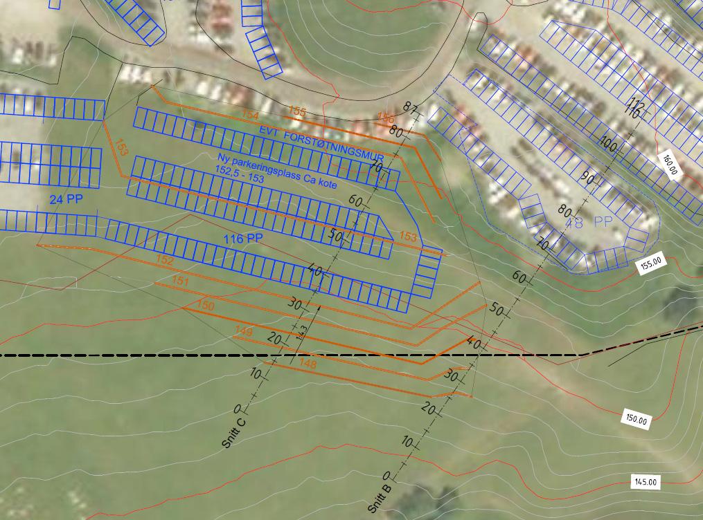 5 Gravning 5.1 Fylling og utgravning Autocad-fil med planlagt parkeringsplass som ble mottatt fra Tore Tutturen hos Bernt Brekke arkitekter, Kartgrunnlag 2019-0327-B, ble brukt ved masseberegninger.