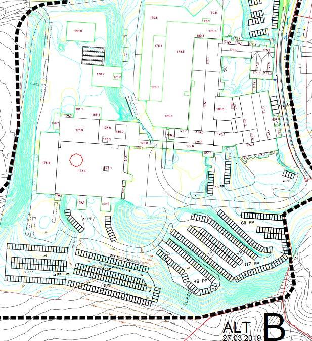 plassering av planlagt parkeringsplasser, vist med rød avgrensing.