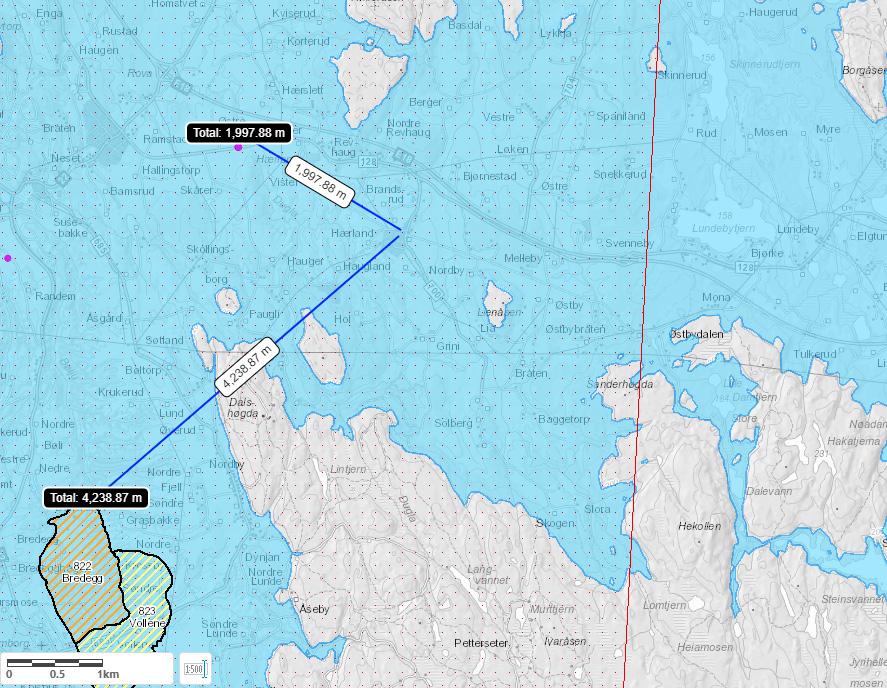 Kvikkleirepunkt Planområde Kvikkleireområde av middels faregrad Kvikkleireom råde av lav faregrad Bilde 1.5 Kart fra skrednett.no, som viser at tomten ligger ca.