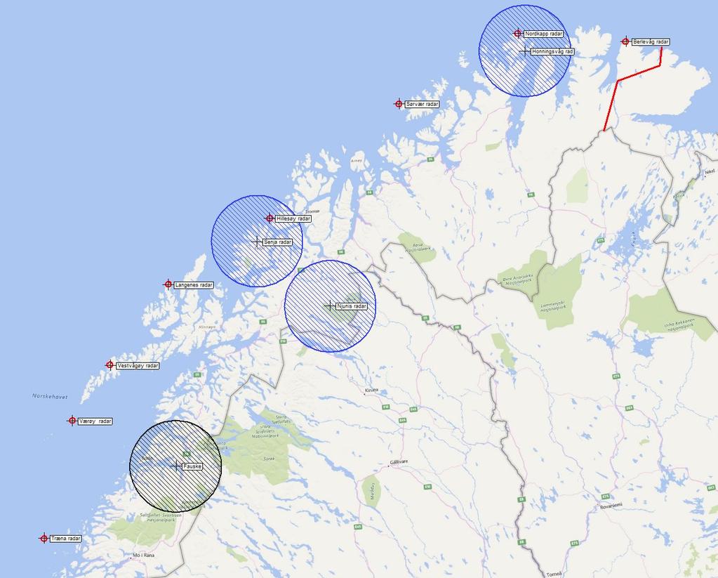 Lokasjon Posisjon Beskyttelsesområde [radius] Restriksjonssone [sektor / radius] Feltstyrkekrav 10 m over bakkenivå Rena leir 61 11.230 N 11 25.