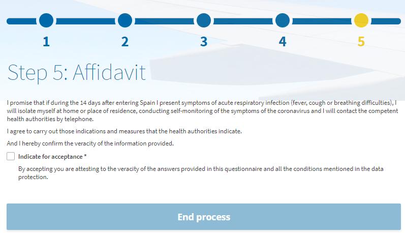 Fullføring trinn 5 Før du sender inn skjemaet må du bekrefte at du har gitt korrekte opplysninger og at du vil følge helsemyndighetenes regler og vilkår for tiltak hvis du får symptomer på covid-9.