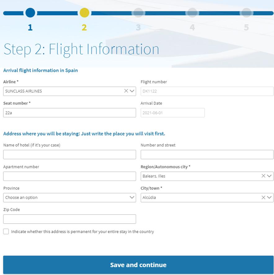 Her skal du legge inn opplysninger om flyreisen og oppholdssted på reisemålet. Utfylling av skjema trinn 2.