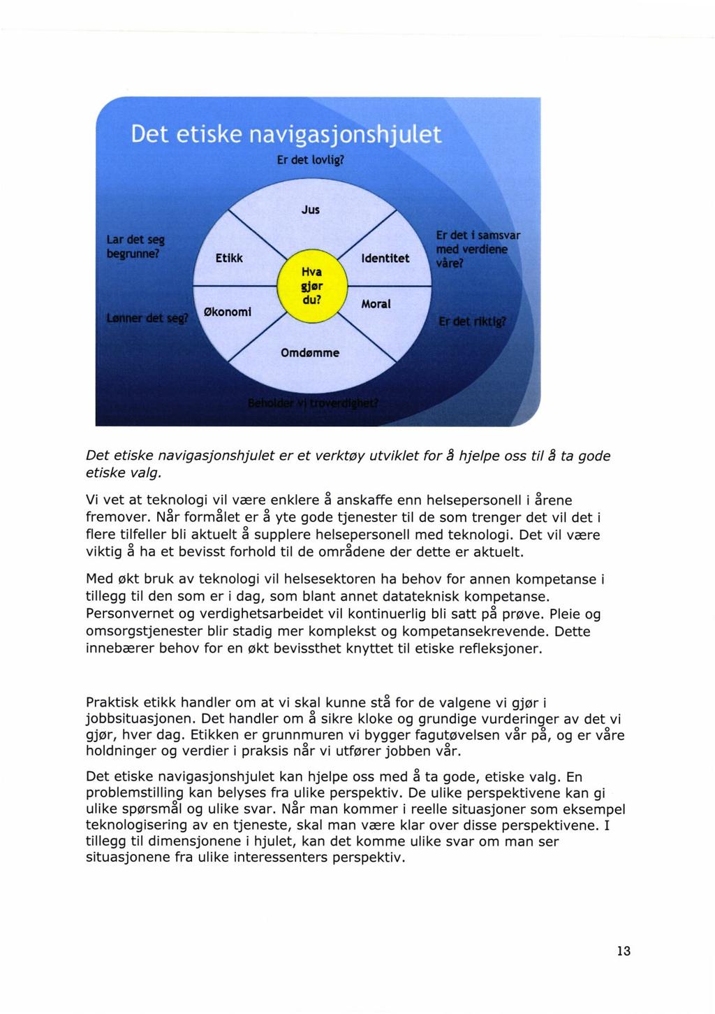 Det etiske navigasjonshjulet er et verktøy utviklet for å hjelpe oss til å ta gode etiske valg. Vi vet at teknologi vil være enklere å anskaffe enn helsepersonell i årene fremover.