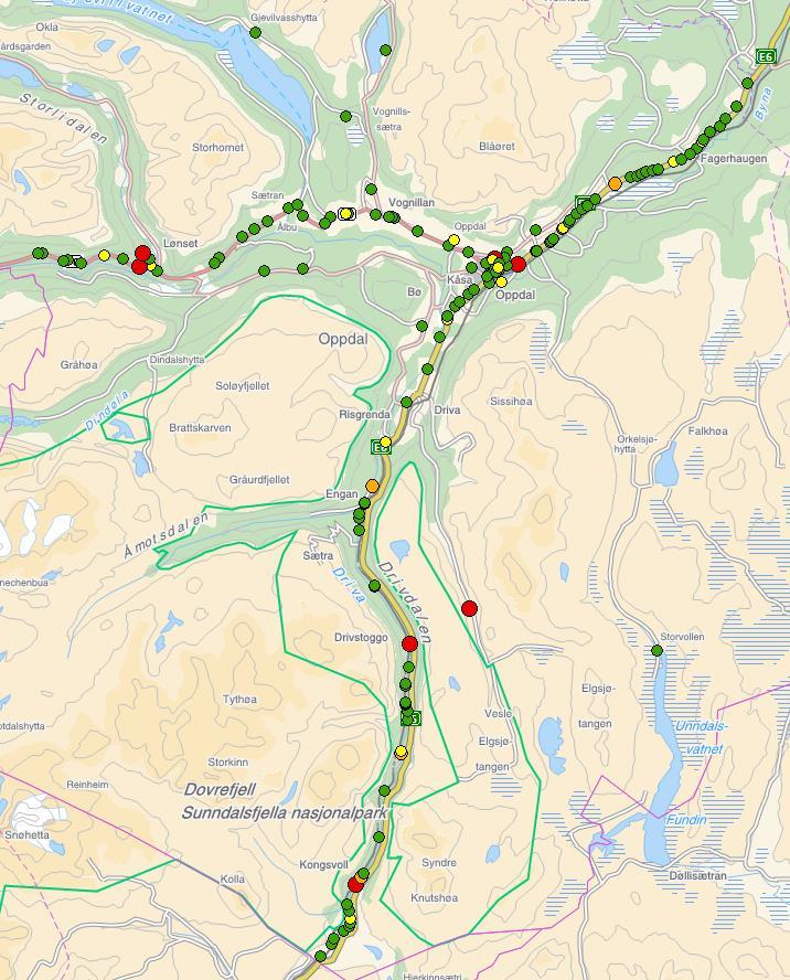 Kart over ulykkessteder i Oppdal 2003 2013 Punktene på