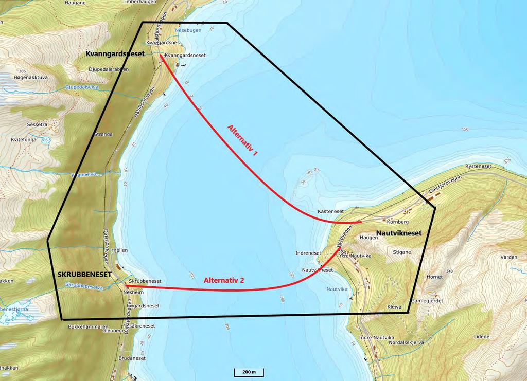 FOR KRYSSING AV DALSFJORDEN Planavgrensinga er merka med svart heiltrukke line i figur 3-2, og omfattar området som kan bli fysisk påverka av bru- alternativa.