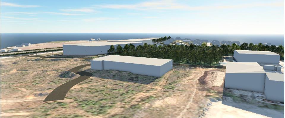 Figur 42 viser 3D-modell med maks bygningsmasse (80 % BYA) fra Bjørnstad næringspark i vest mot øst (gesimshøyde 12-15 m). Gesimshøyde i Bjørnstadmyra næringspark er vist med 17 m.